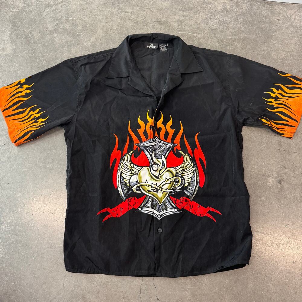 Vintage Y2K Flame Cross Biker Motorcycle Short Sleeve Button Up Graphic Tee L